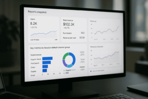 GA4 reports dashboard showing user engagement, traffic sources, and conversions that connect marketing efforts to revenue.