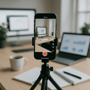 Smartphone on a tripod recording a workspace with a laptop, monitor, and notebook.